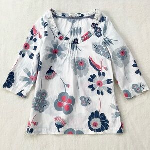Boden Linen Floral Blouse US 6 UK 10 3/4 Sleeve Gathered Neck Blue Pink Top